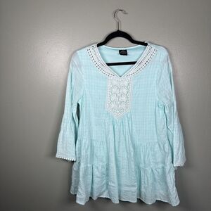Cal Style Womens‎ Size Small 3/4 Sleeve Light Mint Gauze Boho Crochet Tunic